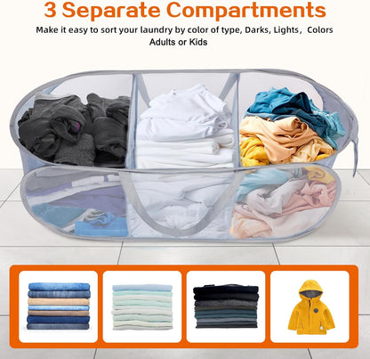 Foldable Laundry Baskets, Collapsible Mesh Laundry Hamper, Durable Pop Up Laundry Basket, 3 Compartments Clothes Hampers for Laundry, Easy to Carry & Sort for Dorm, Home, Kids Room, Travel Black