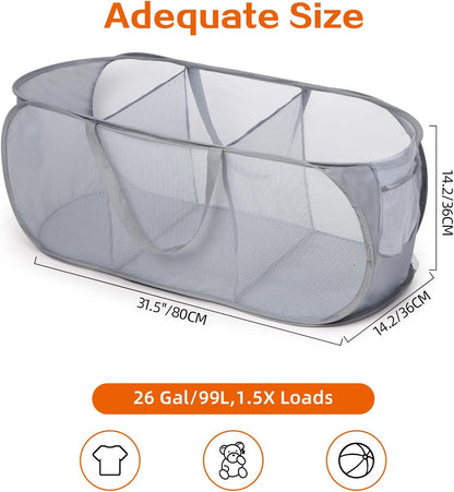 Foldable Laundry Baskets, Collapsible Mesh Laundry Hamper, Durable Pop Up Laundry Basket, 3 Compartments Clothes Hampers for Laundry, Easy to Carry & Sort for Dorm, Home, Kids Room, Travel Black