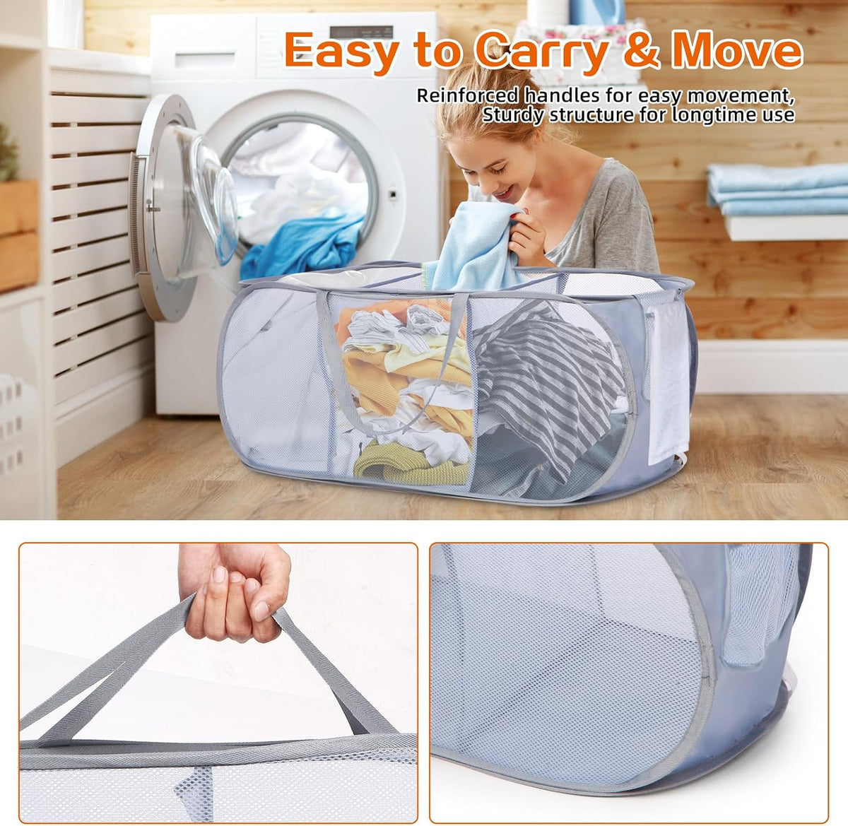 Foldable Laundry Baskets, Collapsible Mesh Laundry Hamper, Durable Pop Up Laundry Basket, 3 Compartments Clothes Hampers for Laundry, Easy to Carry & Sort for Dorm, Home, Kids Room, Travel Black