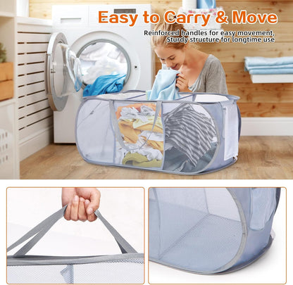 Foldable Laundry Baskets, Collapsible Mesh Laundry Hamper, Durable Pop Up Laundry Basket, 3 Compartments Clothes Hampers for Laundry, Easy to Carry & Sort for Dorm, Home, Kids Room, Travel Black