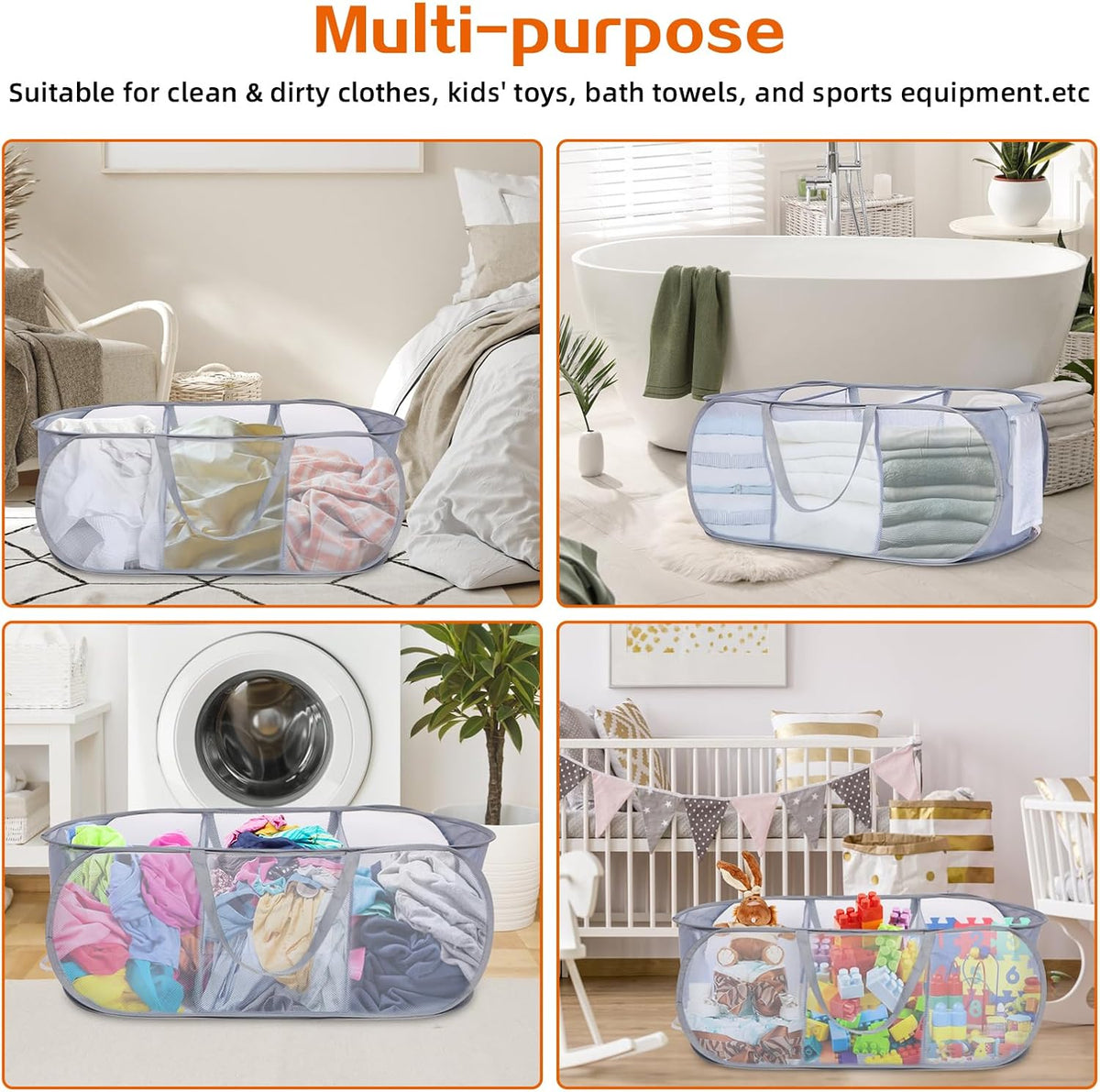 Foldable Laundry Baskets, Collapsible Mesh Laundry Hamper, Durable Pop Up Laundry Basket, 3 Compartments Clothes Hampers for Laundry, Easy to Carry & Sort for Dorm, Home, Kids Room, Travel Black