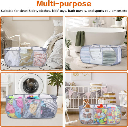 Foldable Laundry Baskets, Collapsible Mesh Laundry Hamper, Durable Pop Up Laundry Basket, 3 Compartments Clothes Hampers for Laundry, Easy to Carry & Sort for Dorm, Home, Kids Room, Travel Black