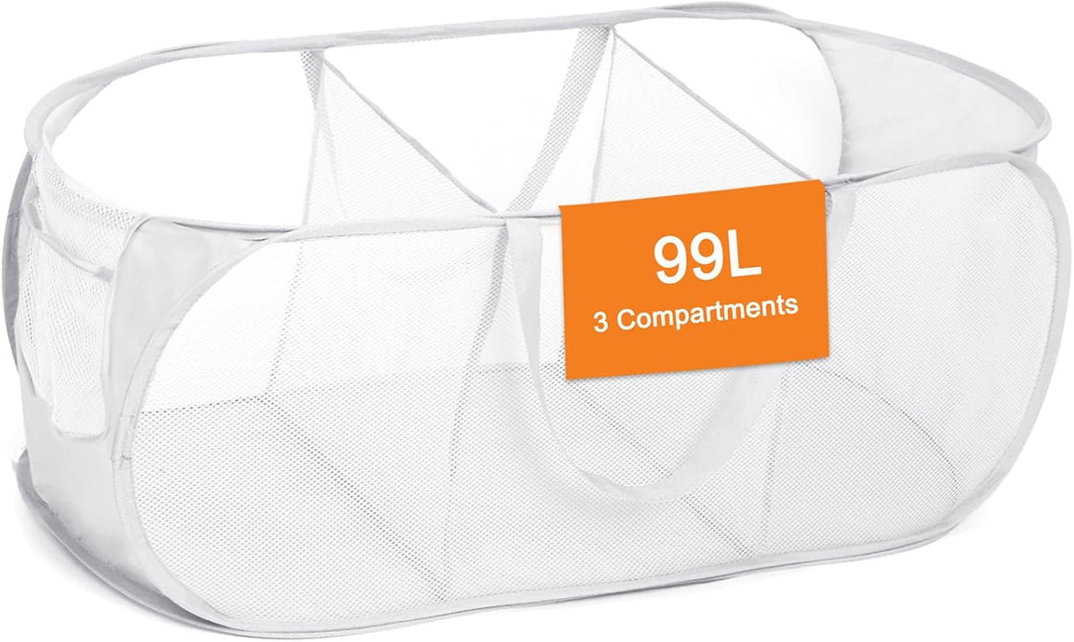 Foldable Laundry Baskets, Collapsible Mesh Laundry Hamper, Durable Pop Up Laundry Basket, 3 Compartments Clothes Hampers for Laundry, Easy to Carry & Sort for Dorm, Home, Kids Room, Travel Black