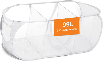 Foldable Laundry Baskets, Collapsible Mesh Laundry Hamper, Durable Pop Up Laundry Basket, 3 Compartments Clothes Hampers for Laundry, Easy to Carry & Sort for Dorm, Home, Kids Room, Travel Black