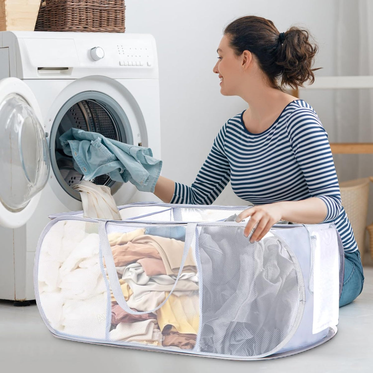 Foldable Laundry Baskets, Collapsible Mesh Laundry Hamper, Durable Pop Up Laundry Basket, 3 Compartments Clothes Hampers for Laundry, Easy to Carry & Sort for Dorm, Home, Kids Room, Travel Black