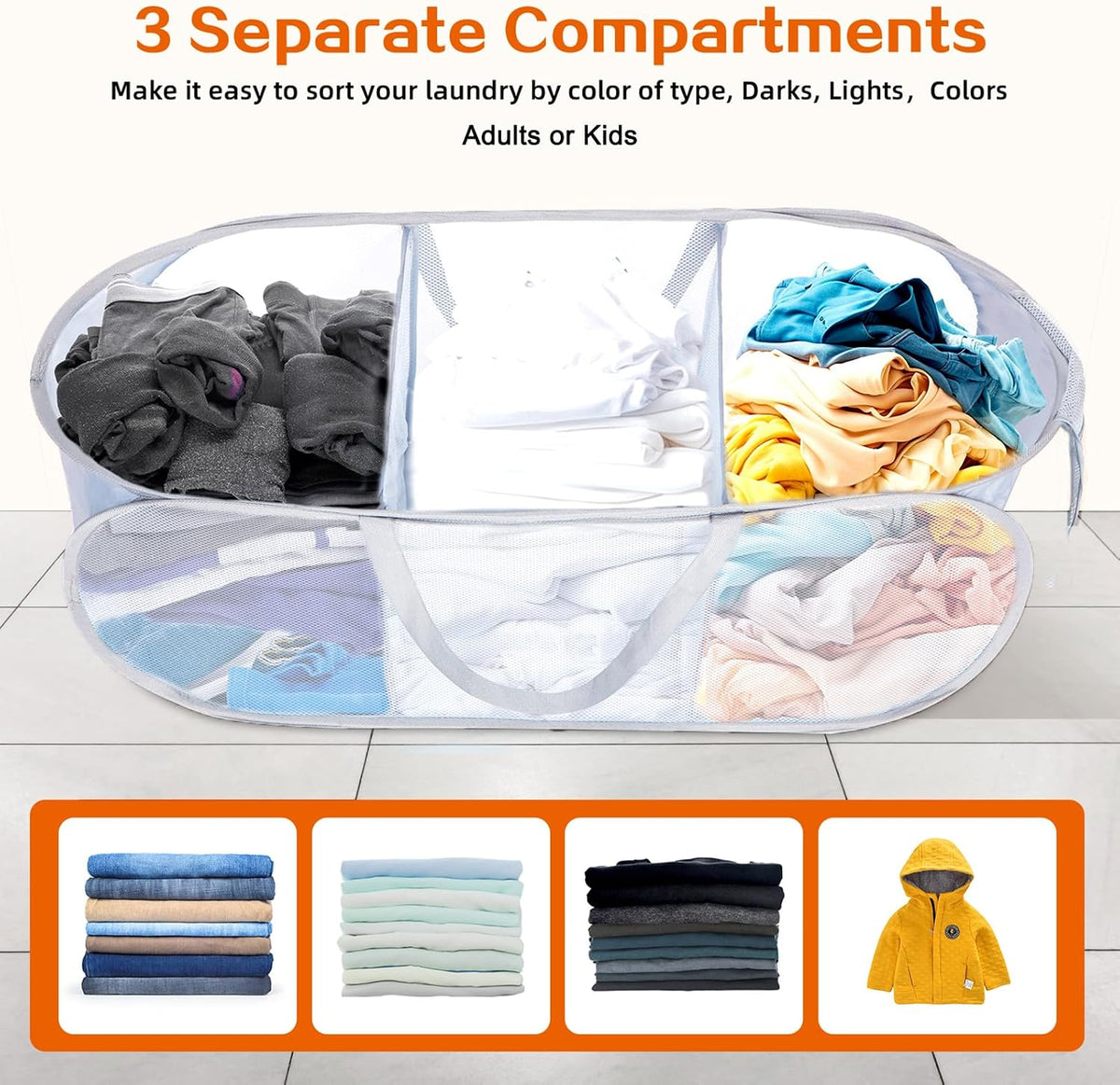 Foldable Laundry Baskets, Collapsible Mesh Laundry Hamper, Durable Pop Up Laundry Basket, 3 Compartments Clothes Hampers for Laundry, Easy to Carry & Sort for Dorm, Home, Kids Room, Travel Black