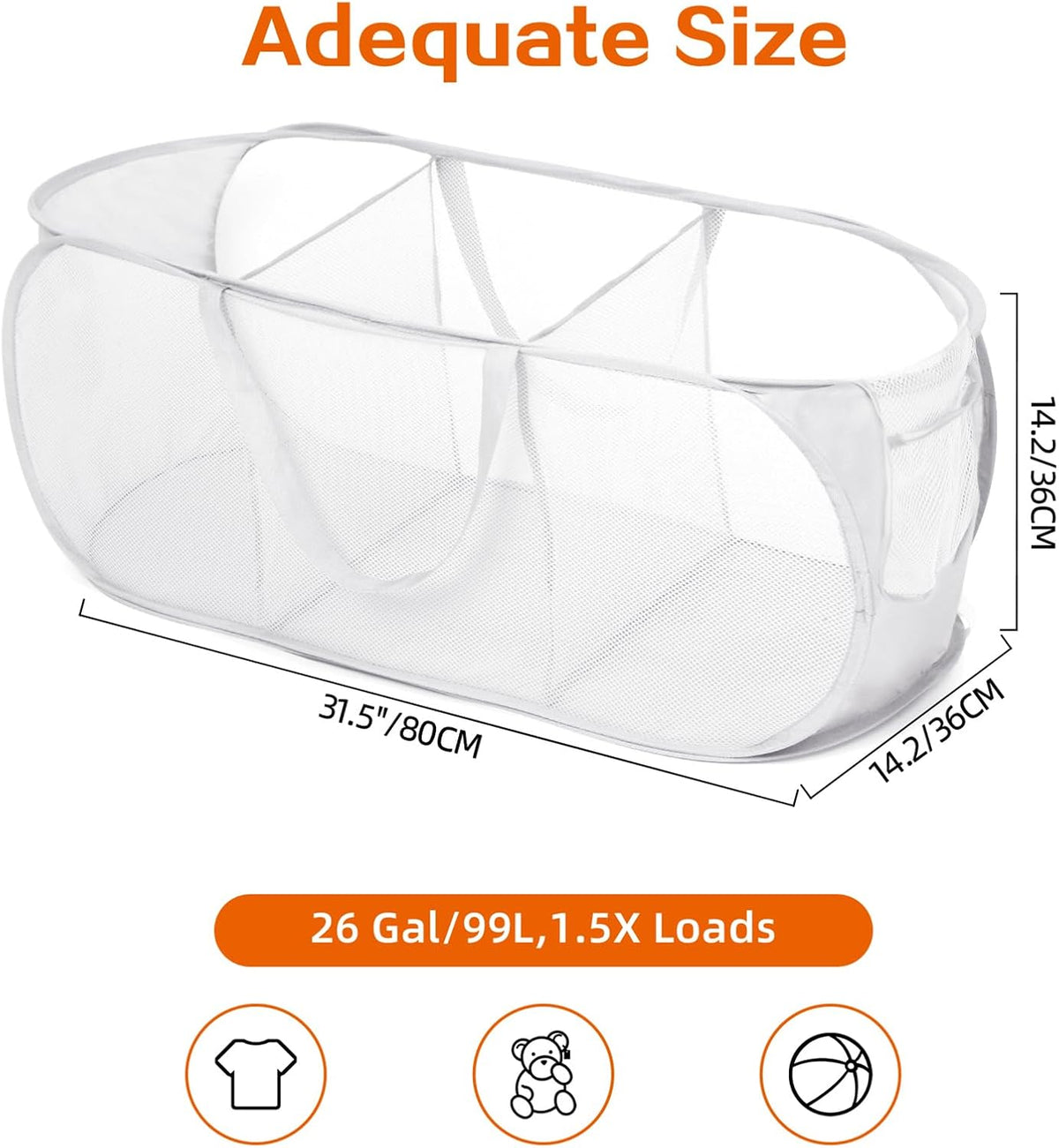 Foldable Laundry Baskets, Collapsible Mesh Laundry Hamper, Durable Pop Up Laundry Basket, 3 Compartments Clothes Hampers for Laundry, Easy to Carry & Sort for Dorm, Home, Kids Room, Travel Black