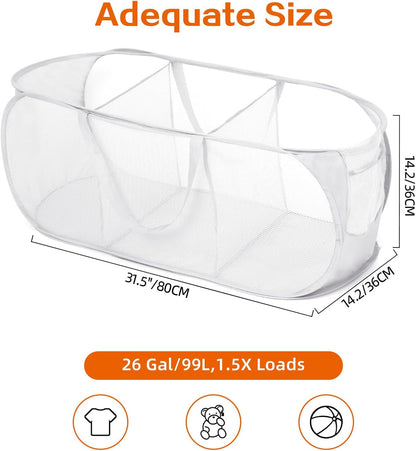 Foldable Laundry Baskets, Collapsible Mesh Laundry Hamper, Durable Pop Up Laundry Basket, 3 Compartments Clothes Hampers for Laundry, Easy to Carry & Sort for Dorm, Home, Kids Room, Travel Black