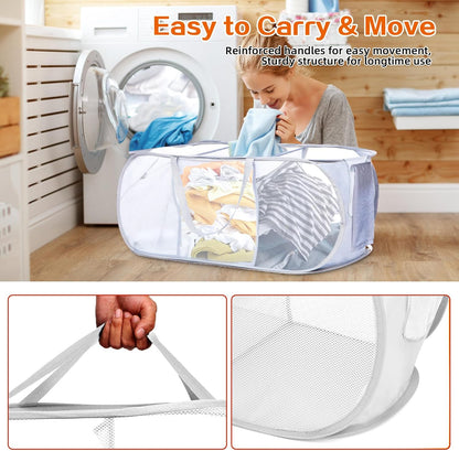 Foldable Laundry Baskets, Collapsible Mesh Laundry Hamper, Durable Pop Up Laundry Basket, 3 Compartments Clothes Hampers for Laundry, Easy to Carry & Sort for Dorm, Home, Kids Room, Travel Black