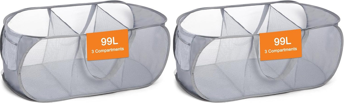 Foldable Laundry Baskets, Collapsible Mesh Laundry Hamper, Durable Pop Up Laundry Basket, 3 Compartments Clothes Hampers for Laundry, Easy to Carry & Sort for Dorm, Home, Kids Room, Travel Black