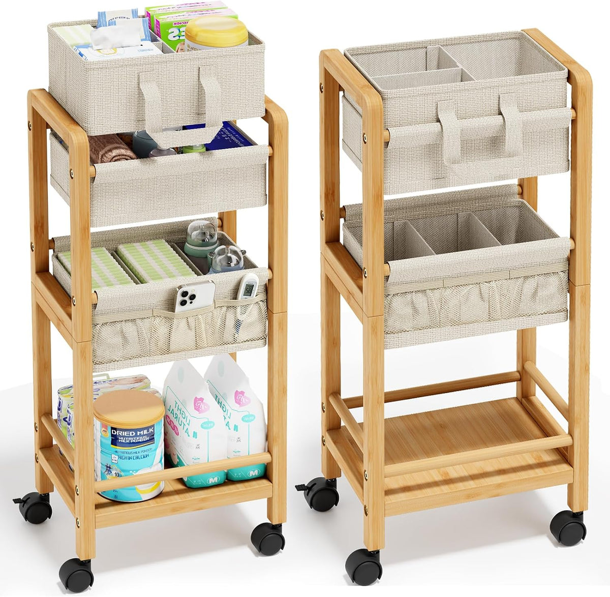 Bamboo Diaper Caddy Cart with Wheels - 3-Tier Rolling Storage，Beige