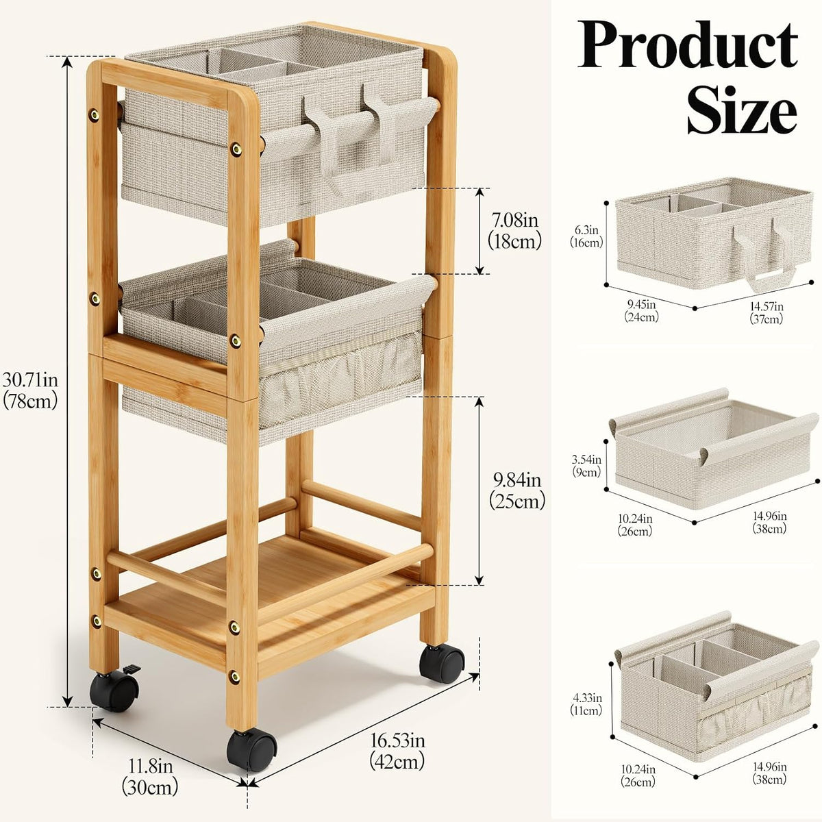Bamboo Diaper Caddy Cart with Wheels - 3-Tier Rolling Storage，Beige
