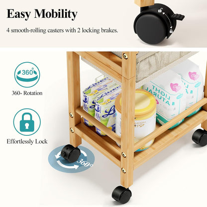 Bamboo Diaper Caddy Cart with Wheels - 3-Tier Rolling Storage，Beige