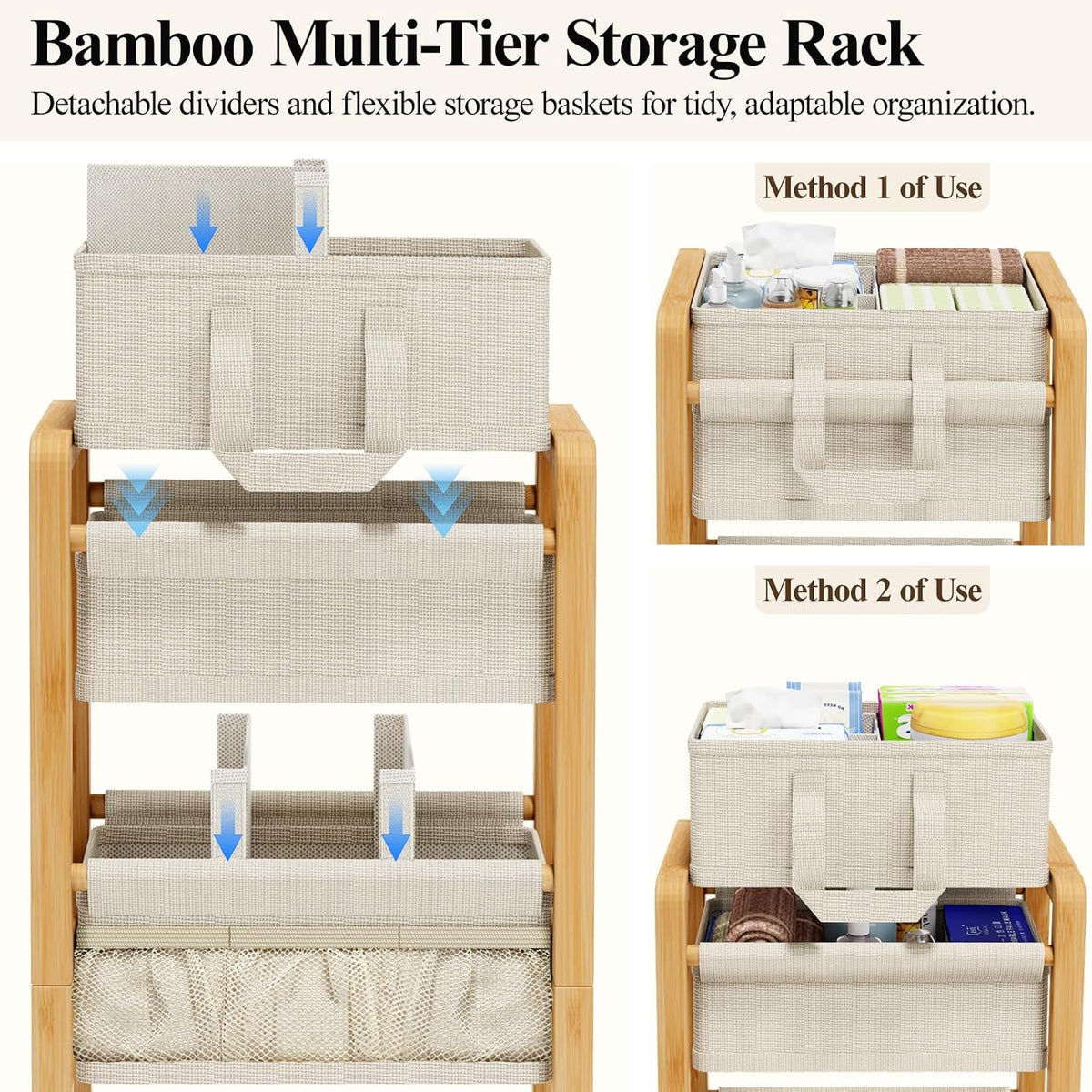 Bamboo Diaper Caddy Cart with Wheels - 3-Tier Rolling Storage，Beige