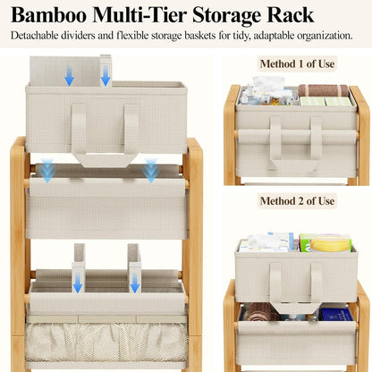 Bamboo Diaper Caddy Cart with Wheels - 3-Tier Rolling Storage，Beige