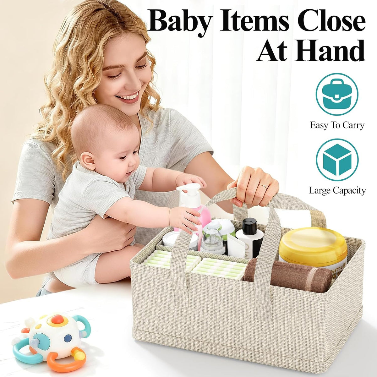 Bamboo Diaper Caddy Cart with Wheels - 3-Tier Rolling Storage，Beige