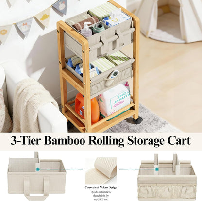 Bamboo Diaper Caddy Cart with Wheels - 3-Tier Rolling Storage，Beige