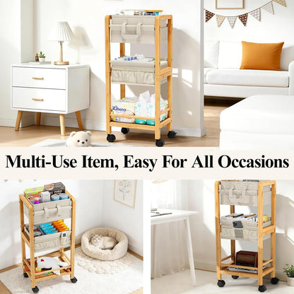 Bamboo Diaper Caddy Cart with Wheels - 3-Tier Rolling Storage，Beige