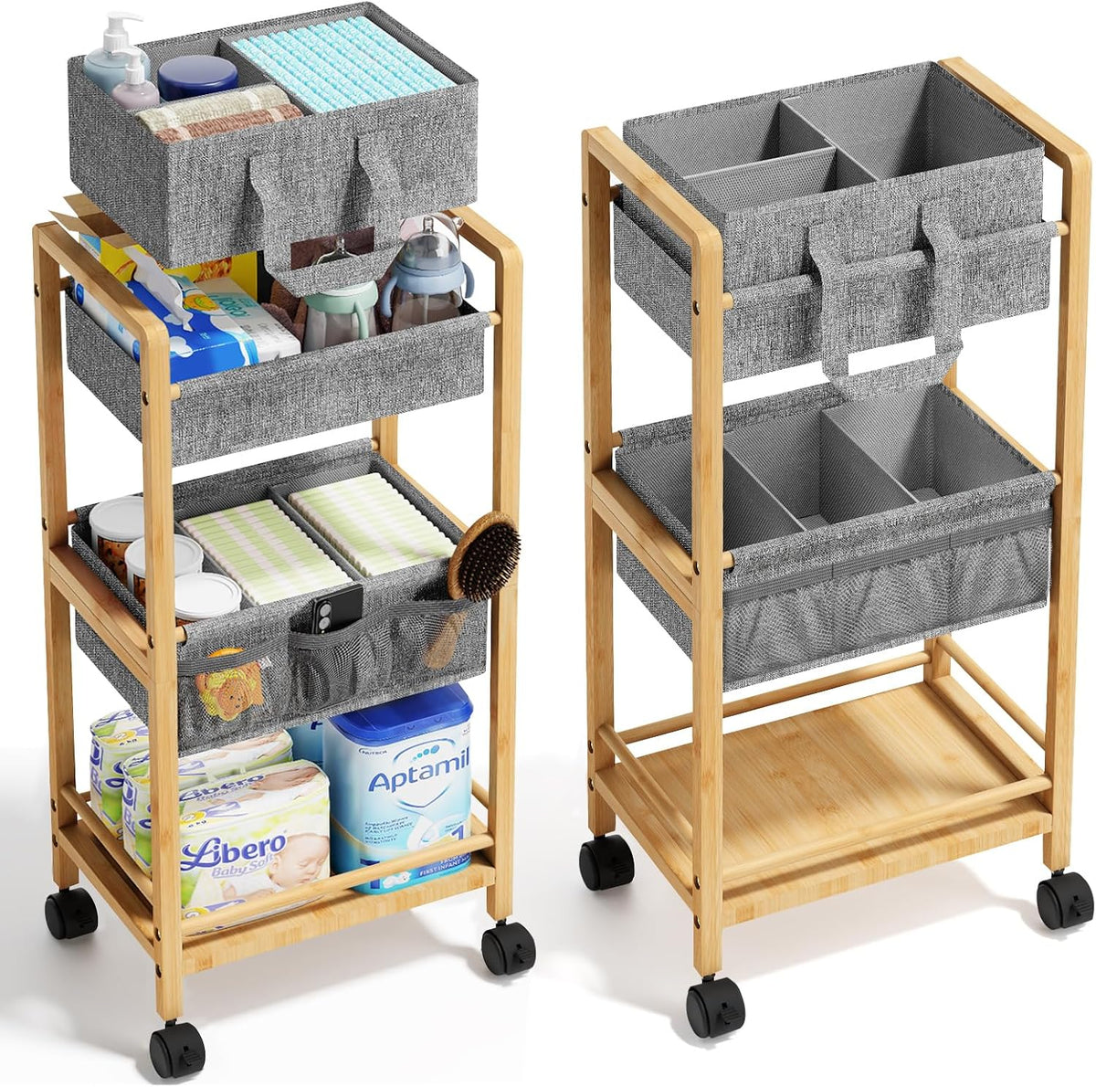Bamboo Diaper Caddy Cart with Wheels - 3-Tier Rolling Storage，Beige