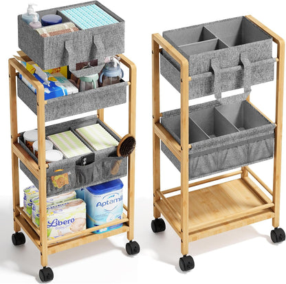 Bamboo Diaper Caddy Cart with Wheels - 3-Tier Rolling Storage，Beige