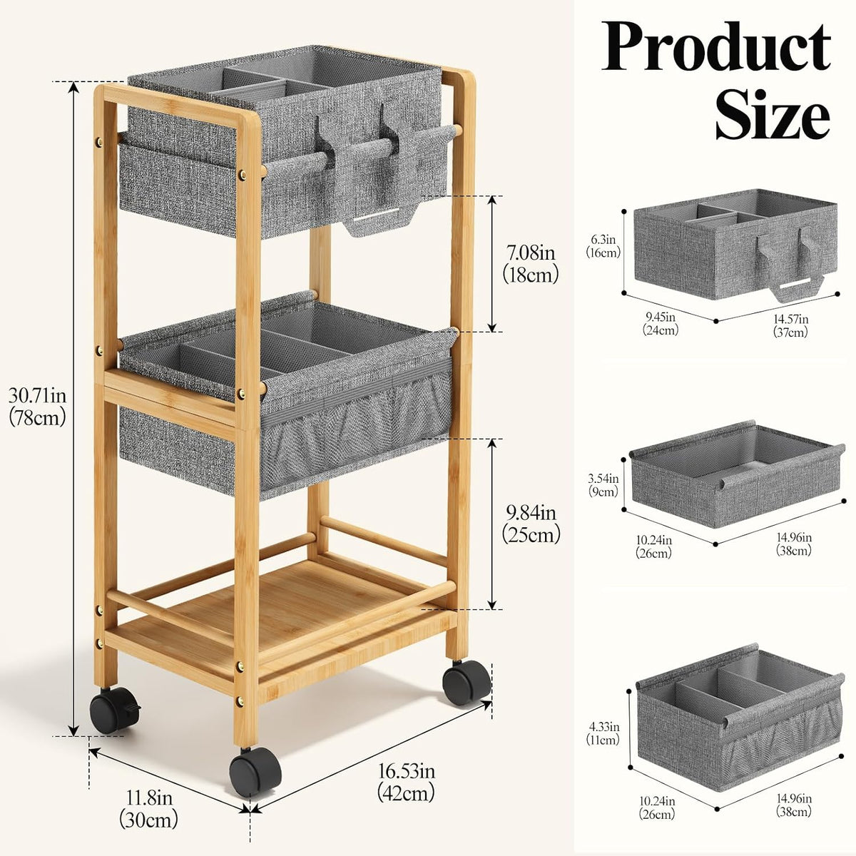 Bamboo Diaper Caddy Cart with Wheels - 3-Tier Rolling Storage，Beige