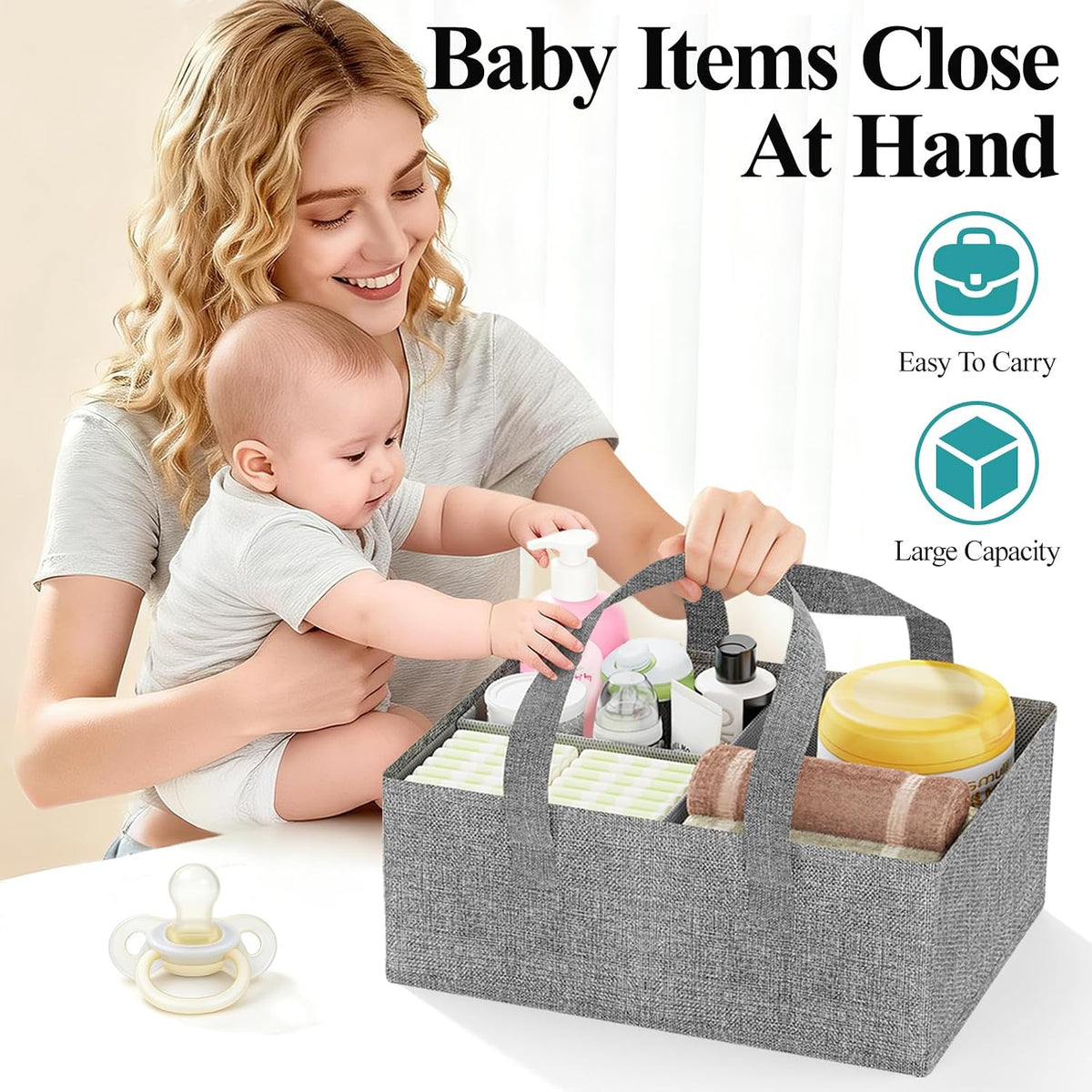 Bamboo Diaper Caddy Cart with Wheels - 3-Tier Rolling Storage，Beige