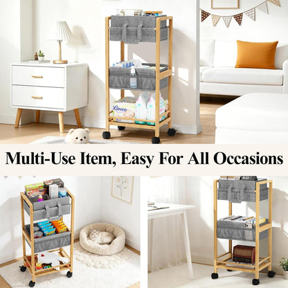 Bamboo Diaper Caddy Cart with Wheels - 3-Tier Rolling Storage，Beige
