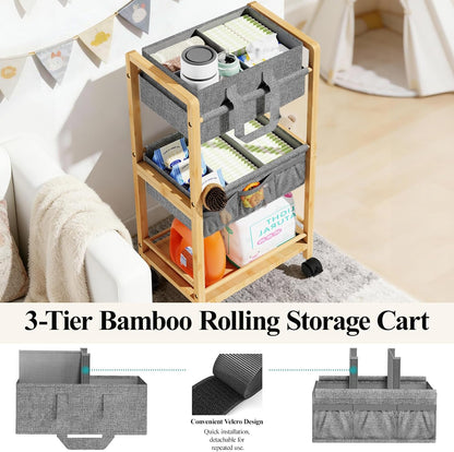 Bamboo Diaper Caddy Cart with Wheels - 3-Tier Rolling Storage，Beige