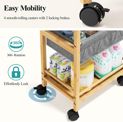 Bamboo Diaper Caddy Cart with Wheels - 3-Tier Rolling Storage，Beige