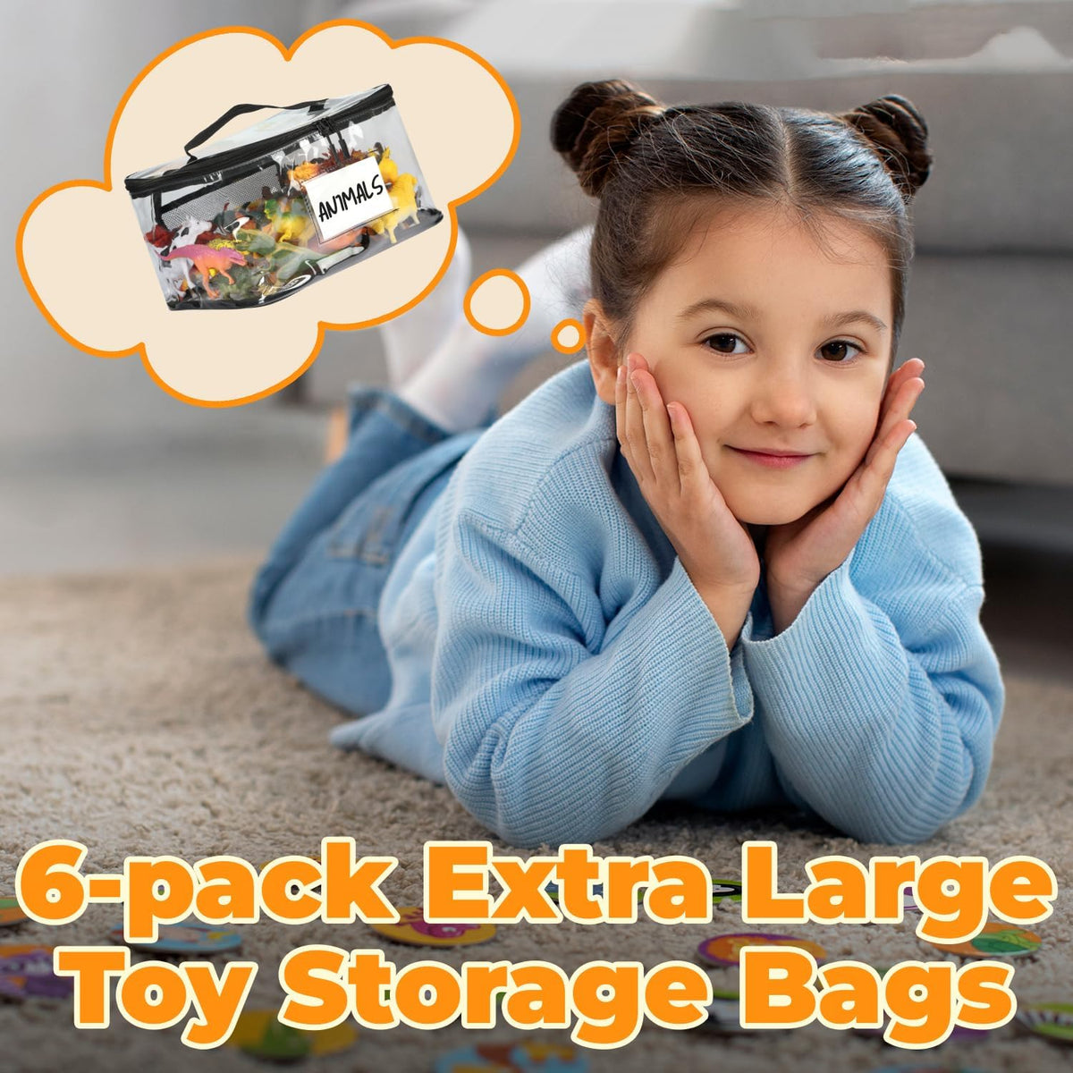 6-Pack Extra Large Toy Storage Bags with Zippers & Labels, Reusable Clear TPU Waterproof Organizer for Kids Toys, Building Blocks, Puzzles, Dolls, Board Games - Durable, BPA-Free, Travel-Friendly