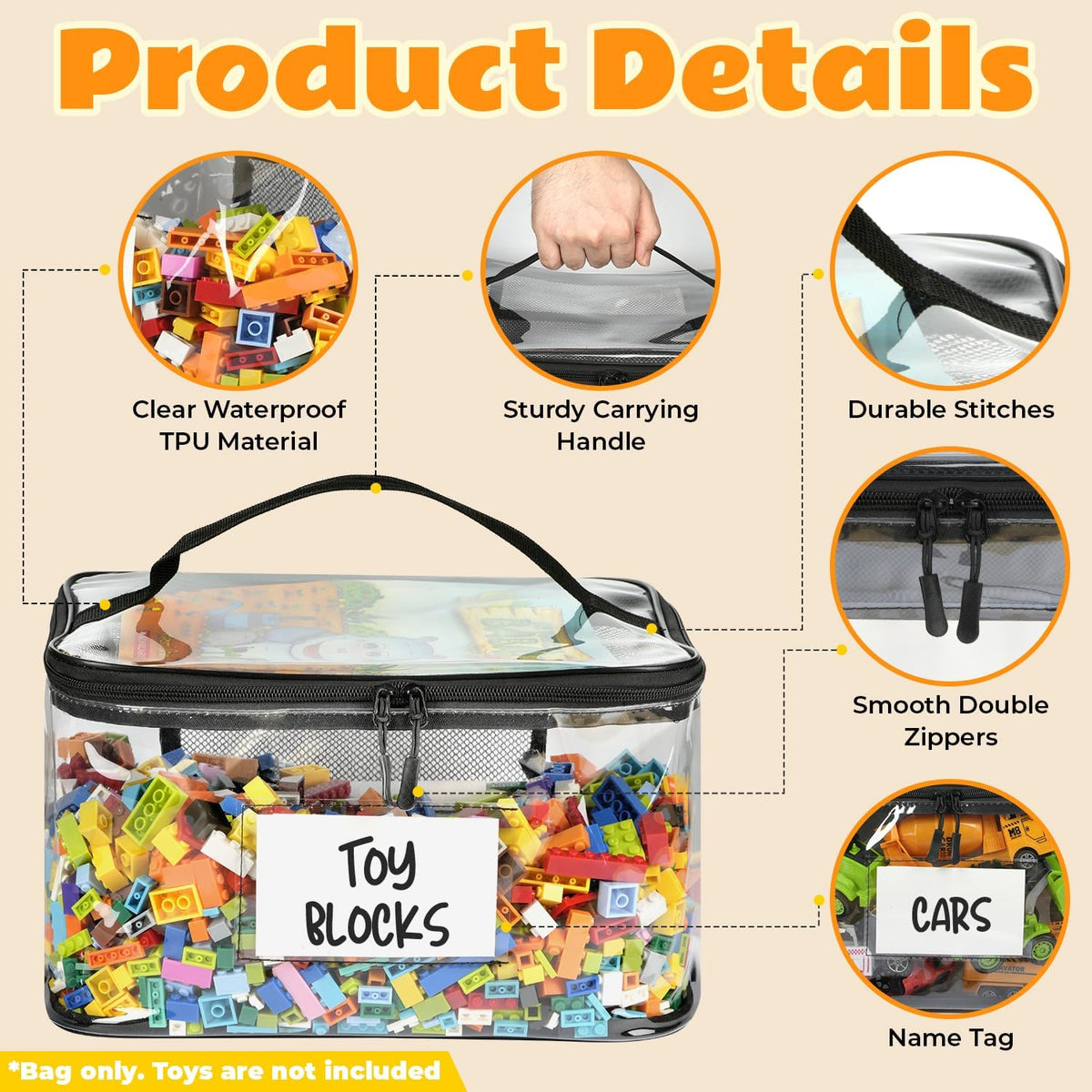 6-Pack Extra Large Toy Storage Bags with Zippers & Labels, Reusable Clear TPU Waterproof Organizer for Kids Toys, Building Blocks, Puzzles, Dolls, Board Games - Durable, BPA-Free, Travel-Friendly