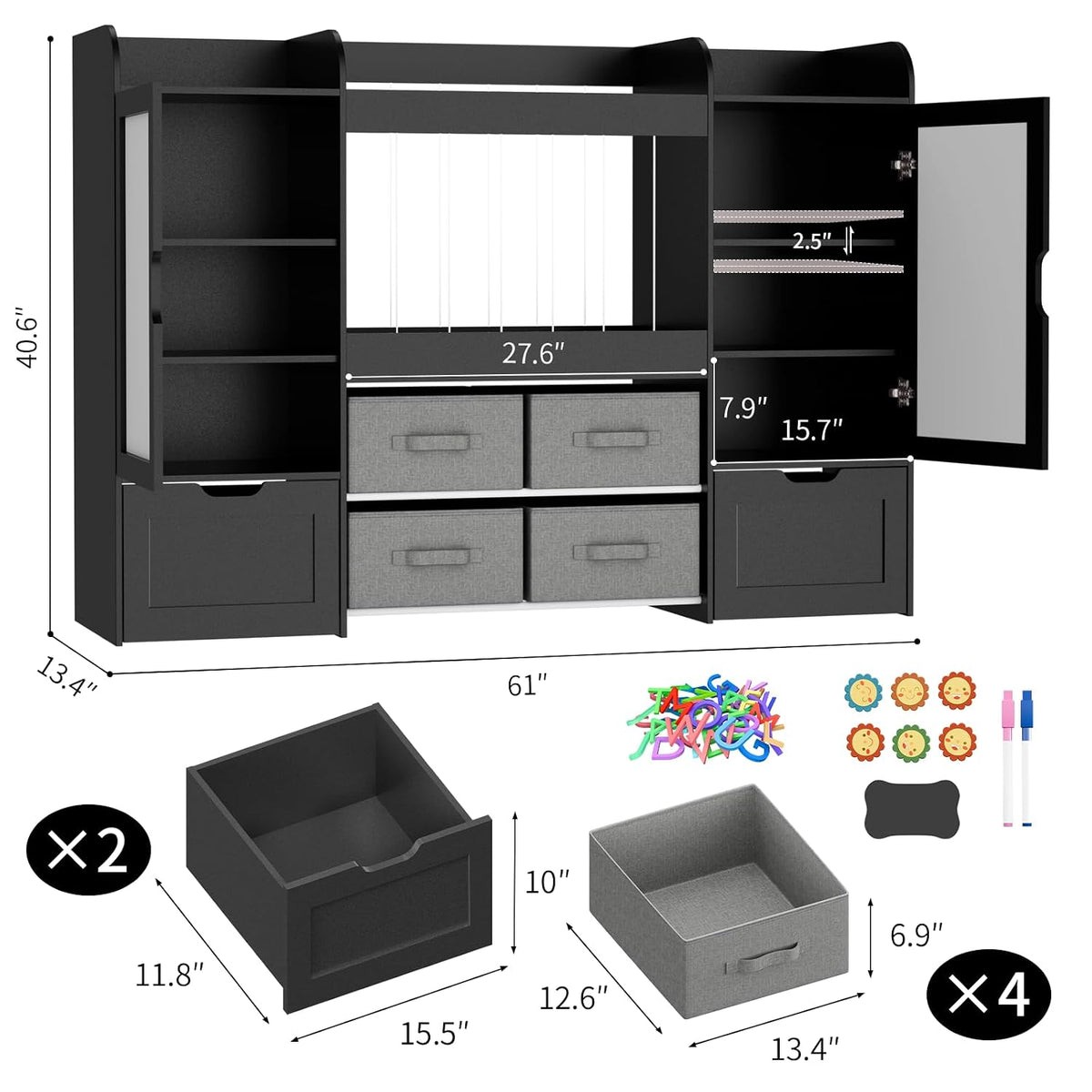 61"W Toy Storage Organizer, Kids Bookshelf with 122L Stuffed Animal Storage, 2 Magnetic Drawing Boards, 2 Movable Toy Boxes and 4 Fabric Bins, Wooden Shelf for Kids Room/Playroom/Living Room