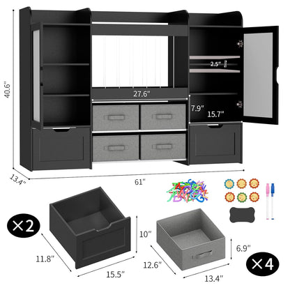 61"W Toy Storage Organizer, Kids Bookshelf with 122L Stuffed Animal Storage, 2 Magnetic Drawing Boards, 2 Movable Toy Boxes and 4 Fabric Bins, Wooden Shelf for Kids Room/Playroom/Living Room