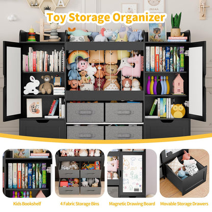 61"W Toy Storage Organizer, Kids Bookshelf with 122L Stuffed Animal Storage, 2 Magnetic Drawing Boards, 2 Movable Toy Boxes and 4 Fabric Bins, Wooden Shelf for Kids Room/Playroom/Living Room