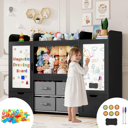 61"W Toy Storage Organizer, Kids Bookshelf with 122L Stuffed Animal Storage, 2 Magnetic Drawing Boards, 2 Movable Toy Boxes and 4 Fabric Bins, Wooden Shelf for Kids Room/Playroom/Living Room