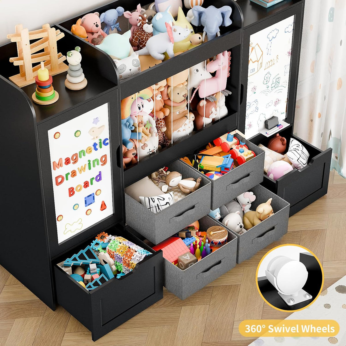 61"W Toy Storage Organizer, Kids Bookshelf with 122L Stuffed Animal Storage, 2 Magnetic Drawing Boards, 2 Movable Toy Boxes and 4 Fabric Bins, Wooden Shelf for Kids Room/Playroom/Living Room