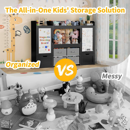 61"W Toy Storage Organizer, Kids Bookshelf with 122L Stuffed Animal Storage, 2 Magnetic Drawing Boards, 2 Movable Toy Boxes and 4 Fabric Bins, Wooden Shelf for Kids Room/Playroom/Living Room
