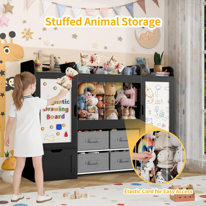 61"W Toy Storage Organizer, Kids Bookshelf with 122L Stuffed Animal Storage, 2 Magnetic Drawing Boards, 2 Movable Toy Boxes and 4 Fabric Bins, Wooden Shelf for Kids Room/Playroom/Living Room