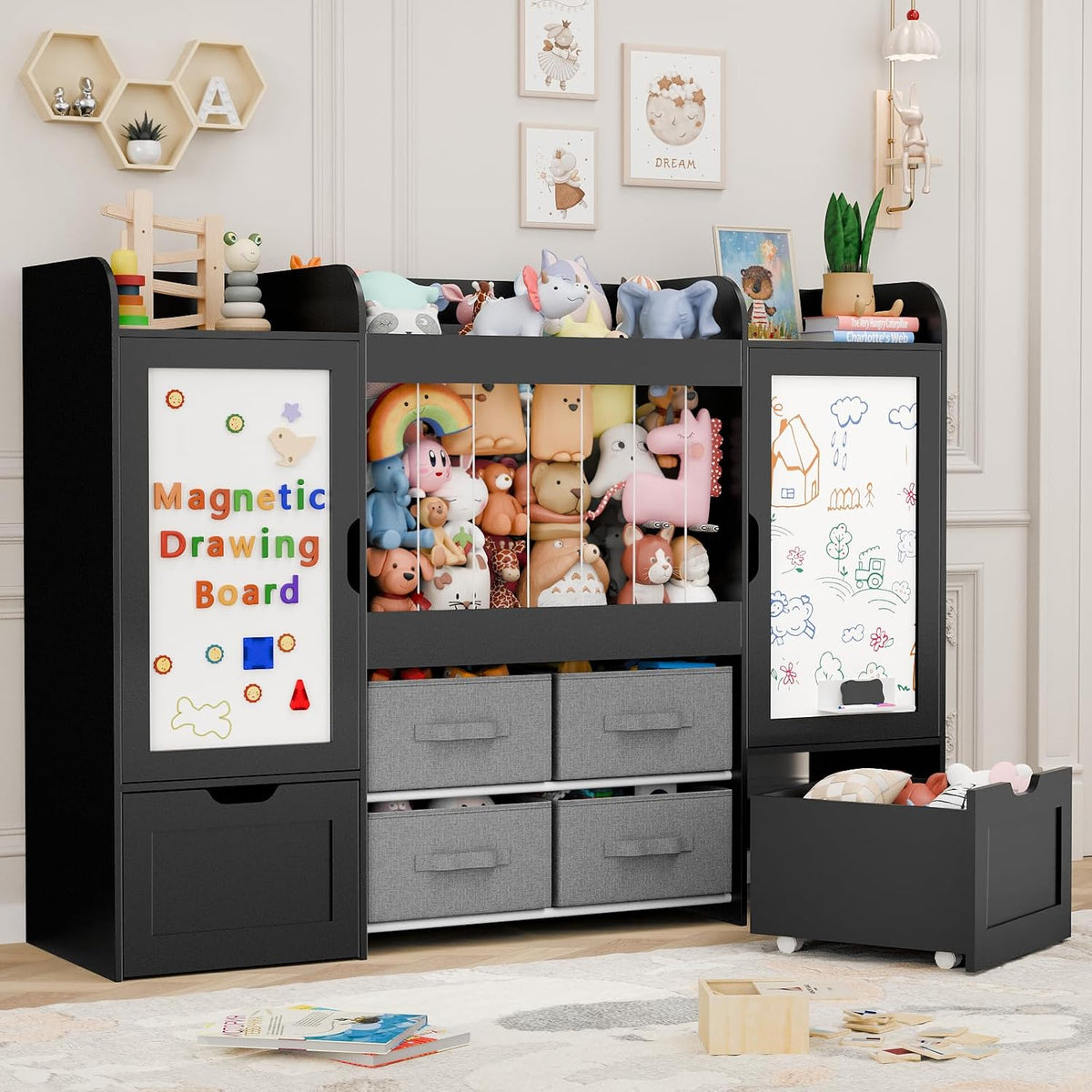 61"W Toy Storage Organizer, Kids Bookshelf with 122L Stuffed Animal Storage, 2 Magnetic Drawing Boards, 2 Movable Toy Boxes and 4 Fabric Bins, Wooden Shelf for Kids Room/Playroom/Living Room