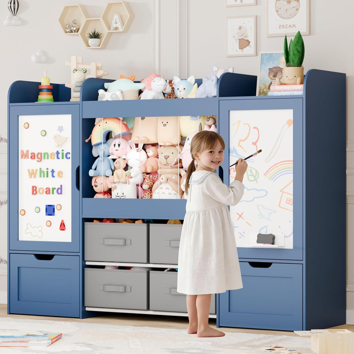 61"W Toy Storage Organizer, Kids Bookshelf with 122L Stuffed Animal Storage, 2 Magnetic Drawing Boards, 2 Movable Toy Boxes and 4 Fabric Bins, Wooden Shelf for Kids Room/Playroom/Living Room