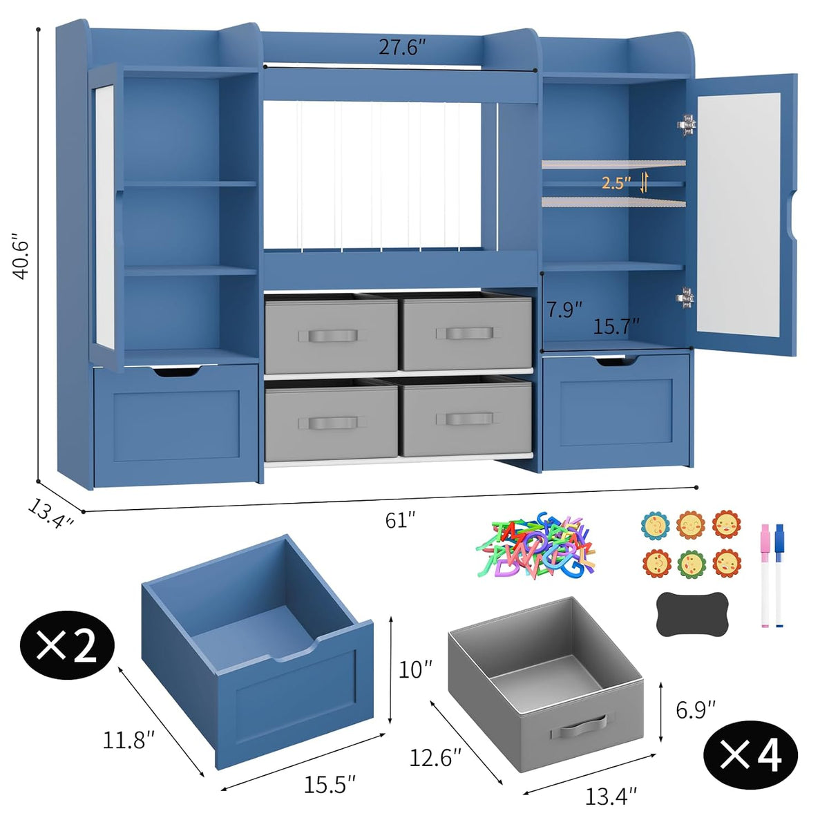 61"W Toy Storage Organizer, Kids Bookshelf with 122L Stuffed Animal Storage, 2 Magnetic Drawing Boards, 2 Movable Toy Boxes and 4 Fabric Bins, Wooden Shelf for Kids Room/Playroom/Living Room