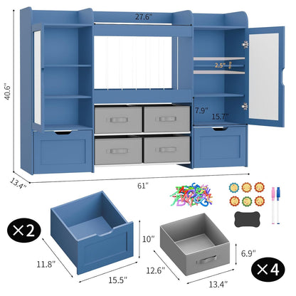 61"W Toy Storage Organizer, Kids Bookshelf with 122L Stuffed Animal Storage, 2 Magnetic Drawing Boards, 2 Movable Toy Boxes and 4 Fabric Bins, Wooden Shelf for Kids Room/Playroom/Living Room