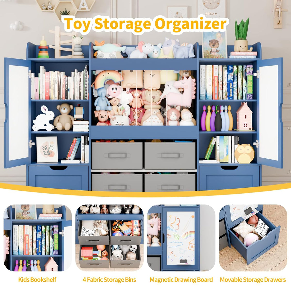 61"W Toy Storage Organizer, Kids Bookshelf with 122L Stuffed Animal Storage, 2 Magnetic Drawing Boards, 2 Movable Toy Boxes and 4 Fabric Bins, Wooden Shelf for Kids Room/Playroom/Living Room