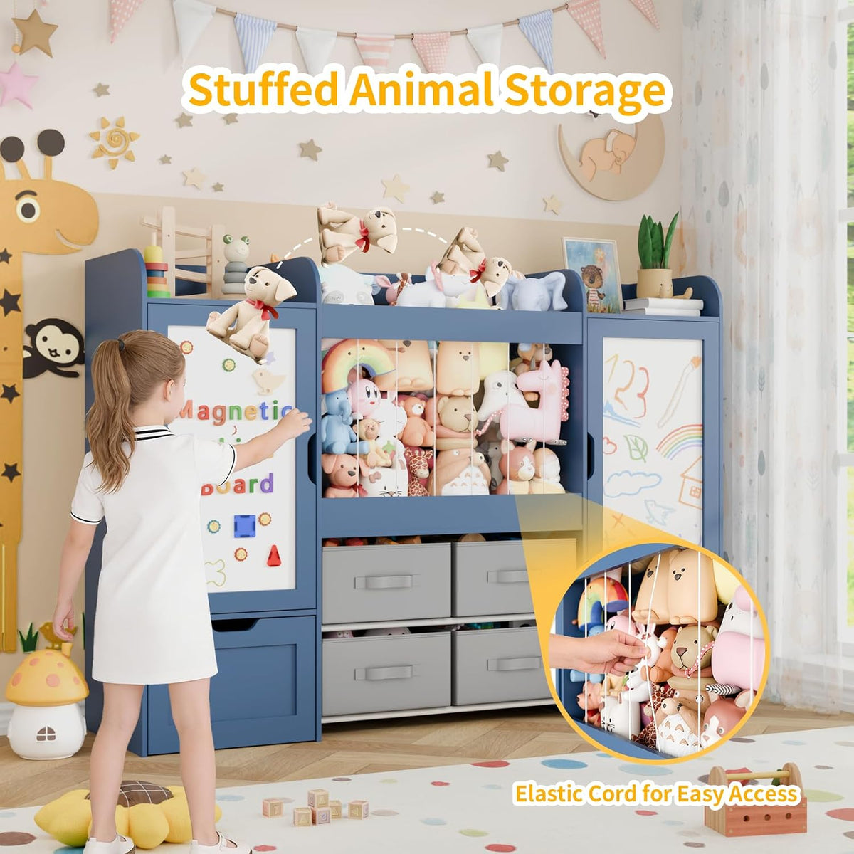 61"W Toy Storage Organizer, Kids Bookshelf with 122L Stuffed Animal Storage, 2 Magnetic Drawing Boards, 2 Movable Toy Boxes and 4 Fabric Bins, Wooden Shelf for Kids Room/Playroom/Living Room