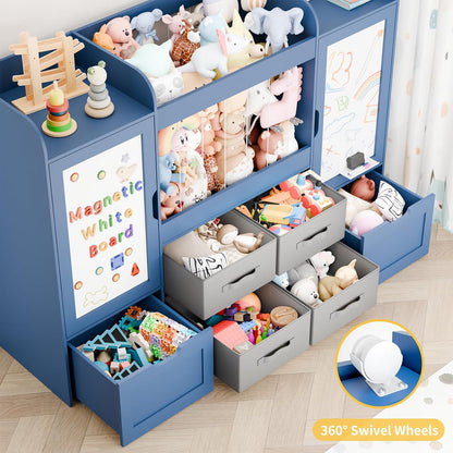 61"W Toy Storage Organizer, Kids Bookshelf with 122L Stuffed Animal Storage, 2 Magnetic Drawing Boards, 2 Movable Toy Boxes and 4 Fabric Bins, Wooden Shelf for Kids Room/Playroom/Living Room