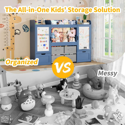 61"W Toy Storage Organizer, Kids Bookshelf with 122L Stuffed Animal Storage, 2 Magnetic Drawing Boards, 2 Movable Toy Boxes and 4 Fabric Bins, Wooden Shelf for Kids Room/Playroom/Living Room