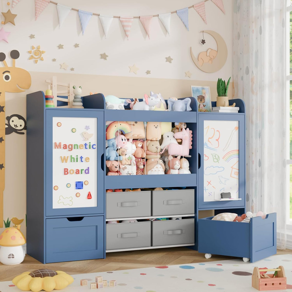 61"W Toy Storage Organizer, Kids Bookshelf with 122L Stuffed Animal Storage, 2 Magnetic Drawing Boards, 2 Movable Toy Boxes and 4 Fabric Bins, Wooden Shelf for Kids Room/Playroom/Living Room