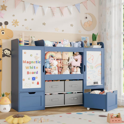 61"W Toy Storage Organizer, Kids Bookshelf with 122L Stuffed Animal Storage, 2 Magnetic Drawing Boards, 2 Movable Toy Boxes and 4 Fabric Bins, Wooden Shelf for Kids Room/Playroom/Living Room