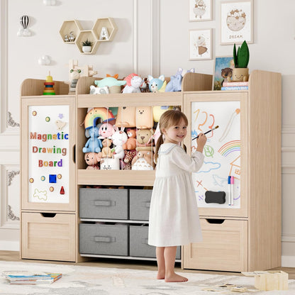 61"W Toy Storage Organizer, Kids Bookshelf with 122L Stuffed Animal Storage, 2 Magnetic Drawing Boards, 2 Movable Toy Boxes and 4 Fabric Bins, Wooden Shelf for Kids Room/Playroom/Living Room