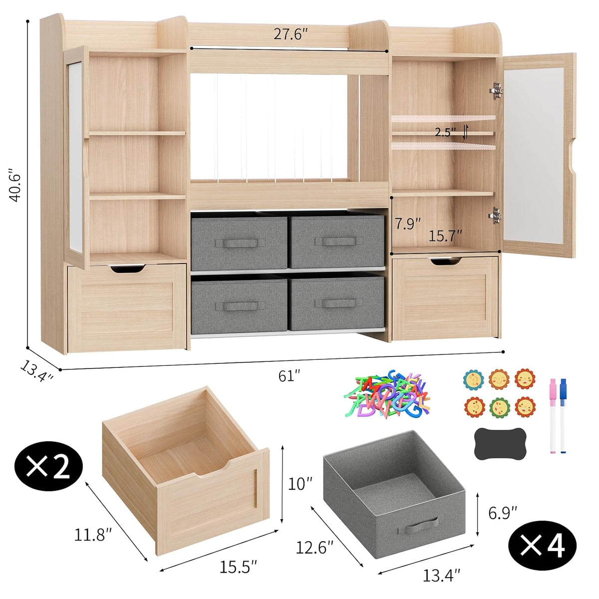 61"W Toy Storage Organizer, Kids Bookshelf with 122L Stuffed Animal Storage, 2 Magnetic Drawing Boards, 2 Movable Toy Boxes and 4 Fabric Bins, Wooden Shelf for Kids Room/Playroom/Living Room